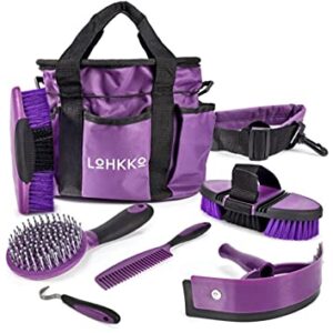 Lohkko 7-Piece Horse Grooming Kit. Organizer Tote Bag, Tack Room Supplies Set with Assorted Hair and Curry Brushes, Hoof Pick, Sweat Scraper. Great Gift for Horse Riders, Beginners, Advanced. (Purple)