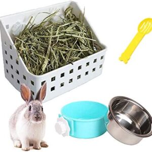 kathson Rabbit Hay Feeder Hay Manger Less Wasted Grass Holder Rack Removable Stainless Steel Crate Bowl Water Food Feeder for Rabbits Bunny Chinchilla Guinea Pigs