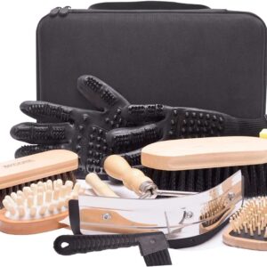 Horse Grooming Kit （10-Piece） with Tote，Horse Cleaning Tool Set with Assorted Hair and Curry Comb, Hoof Pick Sweat Scraper，Grooming Glove，Portable Black Storage Bag，Riding Equipment for Beginners