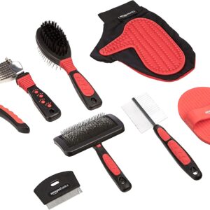Amazon Basics Pet Grooming Set Brush Shedding Tool Comb Scissors Nail Clippers - 8 in 1, Red