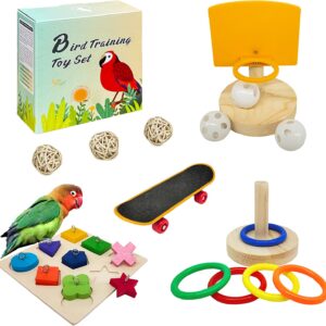 Bird Toys for Parakeets,5pcs Parrot Toys Set （Include Bird Basketball Toy、Bird Skateboard、Bird Stacking Toy、Parrot Wooden Block Puzzles Toy、Small Sepak Takraw）,Parakeet Toys、for Bird Training Toys12