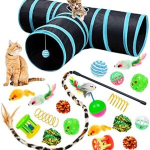 Malier Cat Toys Kitten Toys Set, Collapsible Cat Tunnels for Indoor Cats, Interactive Cat Feather Toy Fluffy Mouse Crinkle Balls Cat 3 Way Tube Tunnel Toys Kitty Toys for Cat Puppy Kitty Kitten