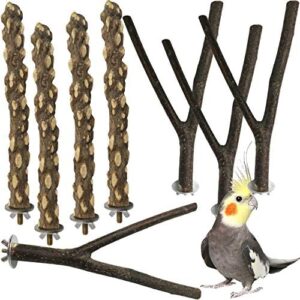 kathson 8 PCS Natural Bird Wood Perch Parakeet Standing Toy Sticks Parrot Paw Grinding Branches Cockatiels Cage Chewable Accessories for Conures Macaws Finches
