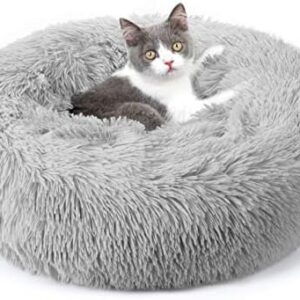 rabbitgoo Cat Beds for Indoor Cats, 20 inches Cat Bed Machine Washable, Fluffy Round Pet Bed Non-Slip, Calming Soft Plush Donut Cuddler Cushion Self Warming for Small Dogs Kittens, Light Grey, Medium