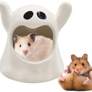 Hamster Hideout Ceramic, Cute Ghost Shape Funny Hamster House and Habitats, All-Season Hideout Bed for Small Animal Hamster Rat Gerbils