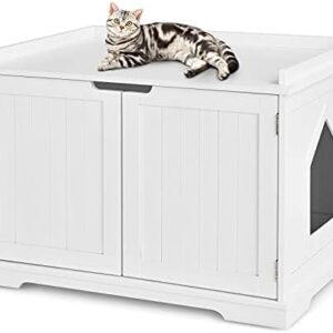 Tangkula Litter Box Enclosure, Cat Litter Box Furniture Hidden, Nightstand Pet House with Double Doors, Indoor Decorative Cat Box Cabinet, Cat Washroom Storage Bench for Large Cat Kitty (White)